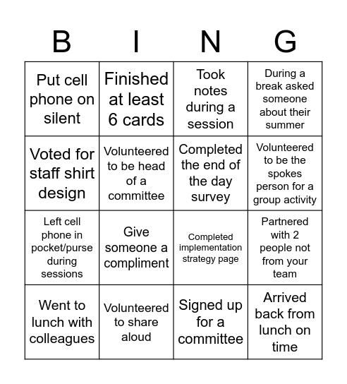 Professional Development Bingo Card