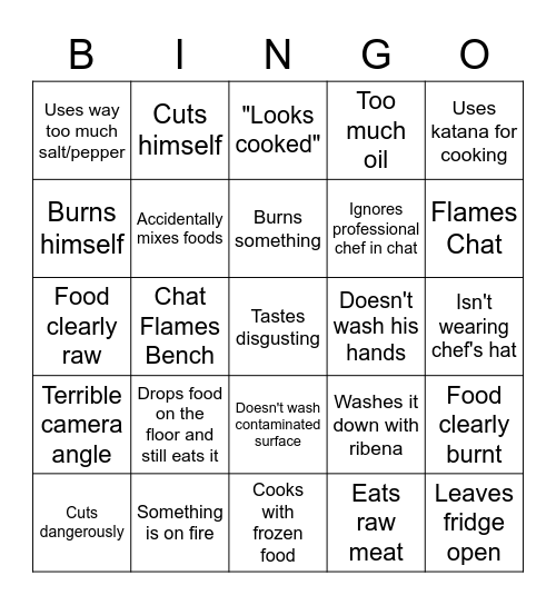 Bench Cooking Bingo Card