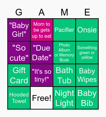 Baby Girl Harrison Bingo Card