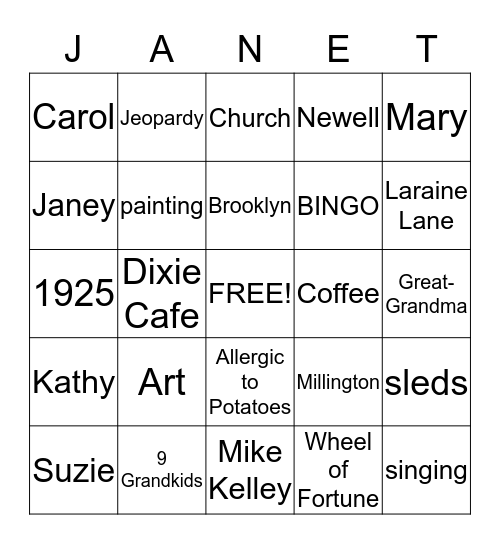 Grandma's 90th Birthday Bingo Card