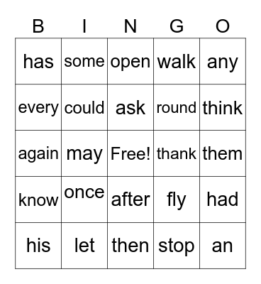 Sight Word Bingo Card