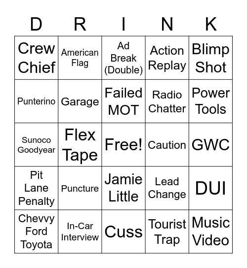 NASCAR Bingo Card