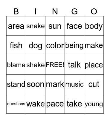 Sight Word Bingo Card
