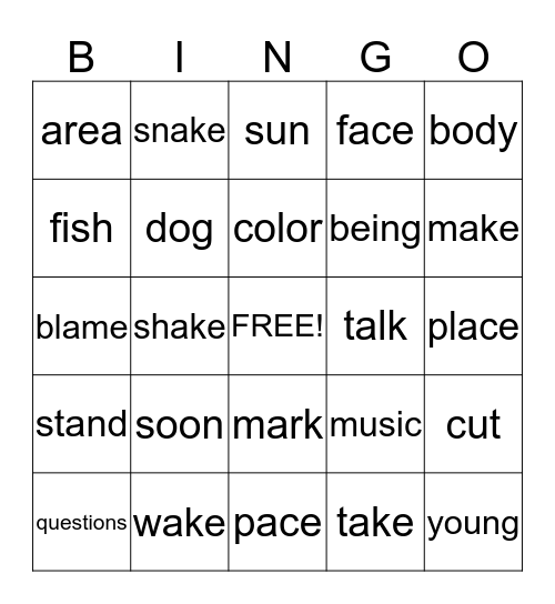 Sight Word Bingo Card