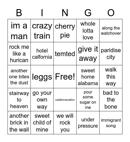 clasic rock Bingo Card