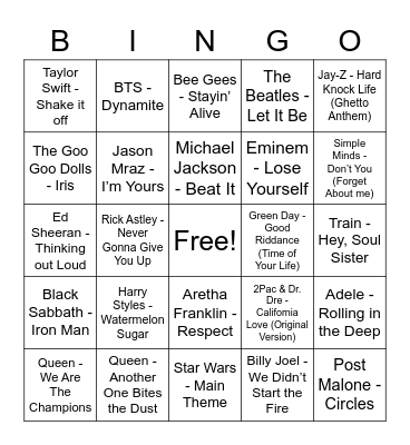Amalia - Name that Tune Bingo Card