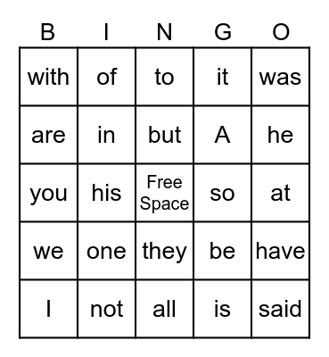 Sight Words bingo Card