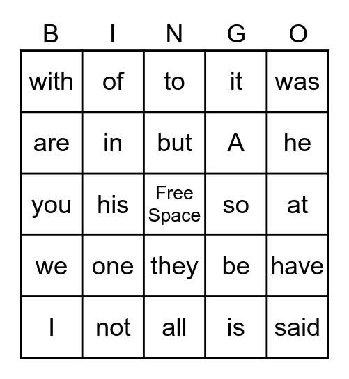 Sight Words bingo Card