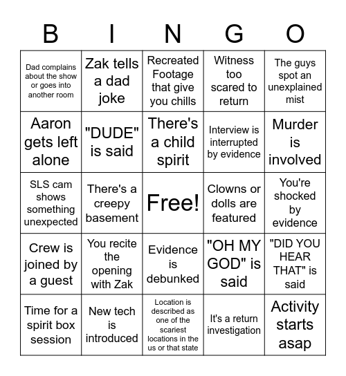 Ghost Adventures Bingo Card