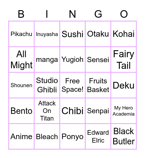 Anime Bingo Card