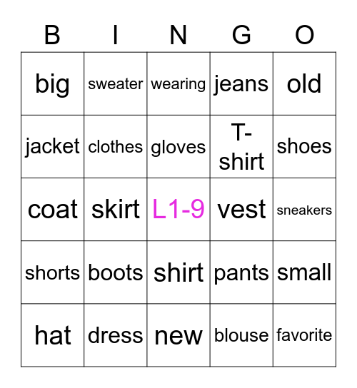 Clothes Bingo Card