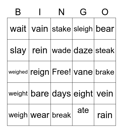 Homophone Bingo Card
