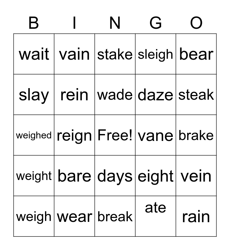 Homophone Bingo Card