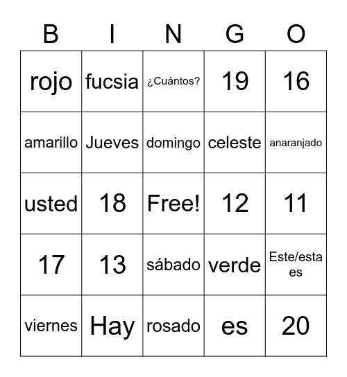 Los días de la semana, numbers , and colors Bingo Card
