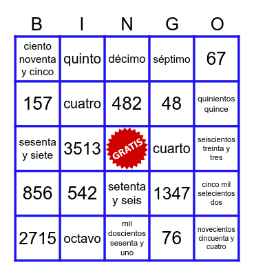 Práctica de números Bingo Card