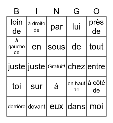 Les prépositions de lieu Bingo Card
