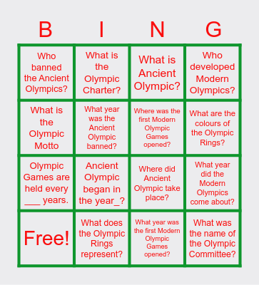 Olmpics Bingo Card