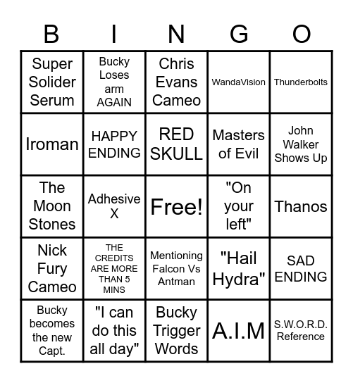 Bucky and Falcon Bingo Card