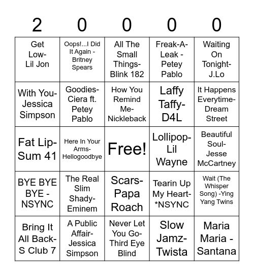 2000s Music Bingo Card