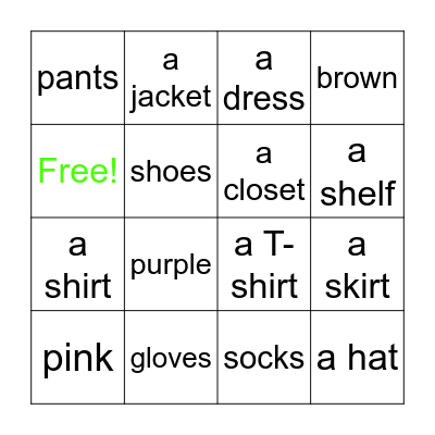Cool Clothes Bingo Card