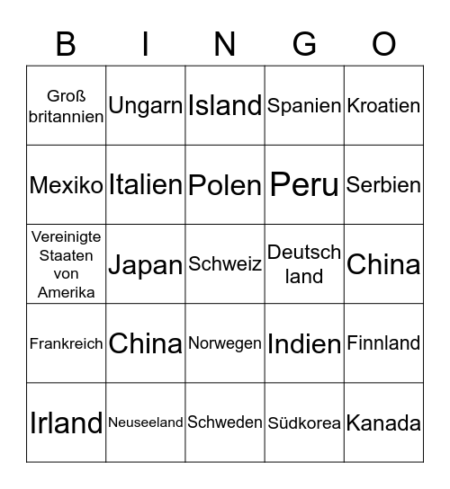 Country Bingo Card