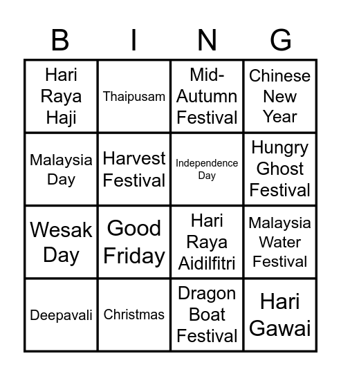 festivals in Malaysia Bingo Card
