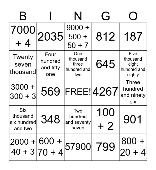Place Value Bingo Card