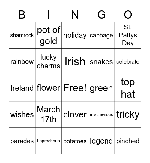 St. Patty Day Bingo Card