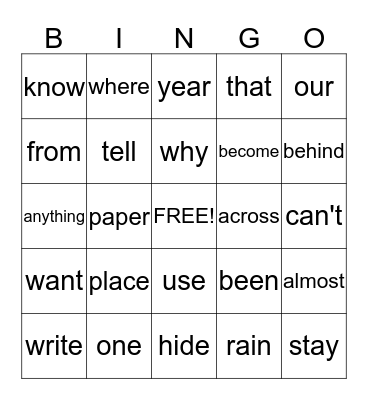 Sight Words  Bingo Card