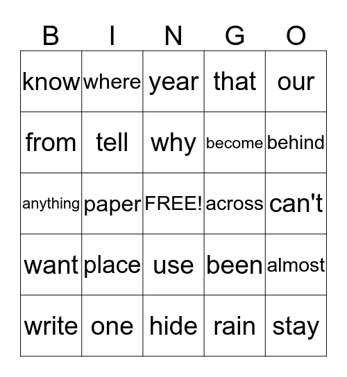 Sight Words  Bingo Card