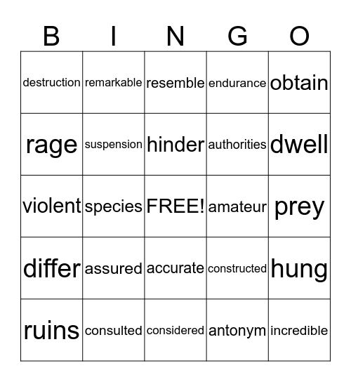 Anna Claire's Fantastic Vocabulary Bingo Card