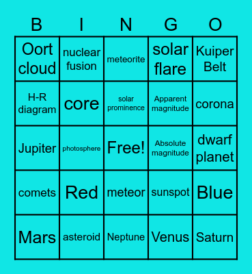 Planets, Sun, Stars, Small Bodies Bingo Card