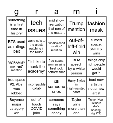 grammy 2021 Bingo Card