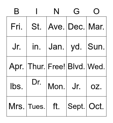 Abbreviations Bingo Card