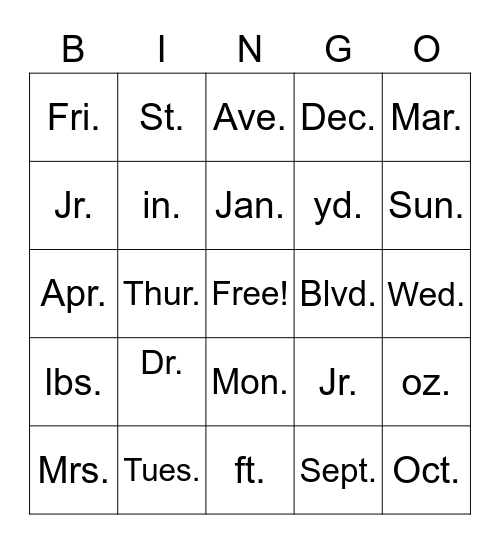 Abbreviations Bingo Card