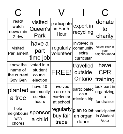 Citizenship Bingo Card