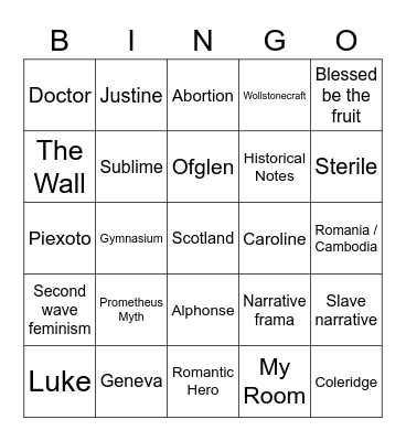 Frankenstein and The Handmaid's Tale Bingo Card