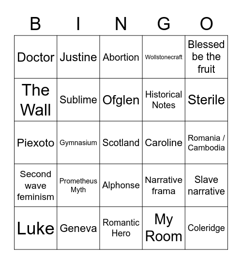 Frankenstein and The Handmaid's Tale Bingo Card