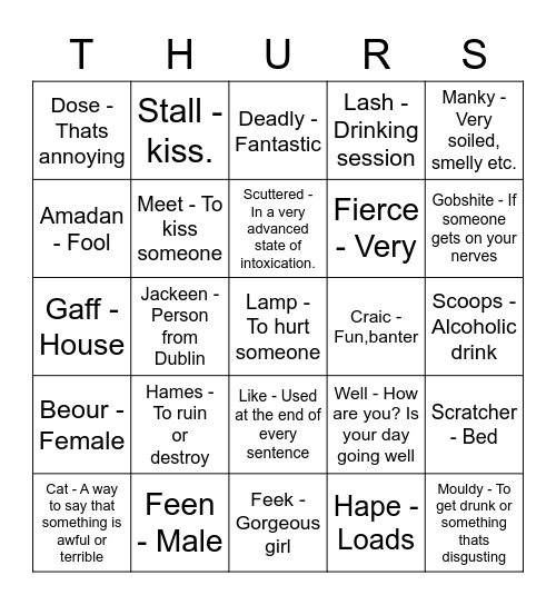IRISH SLANG Bingo Card