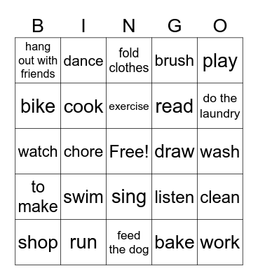 Activities Bingo Card