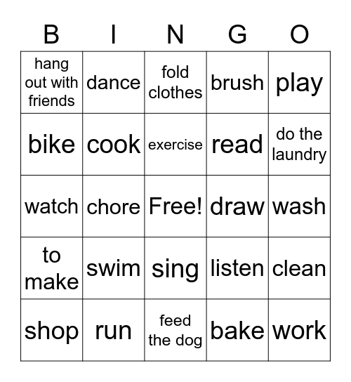 Activities Bingo Card