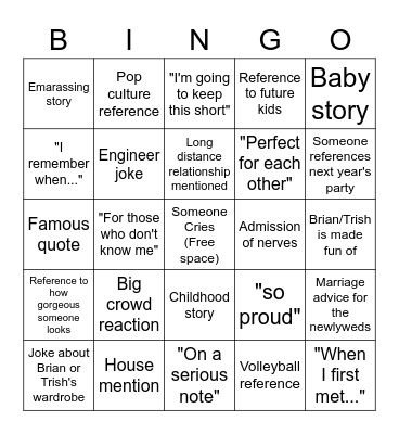 Wedding Speech Bingo Card