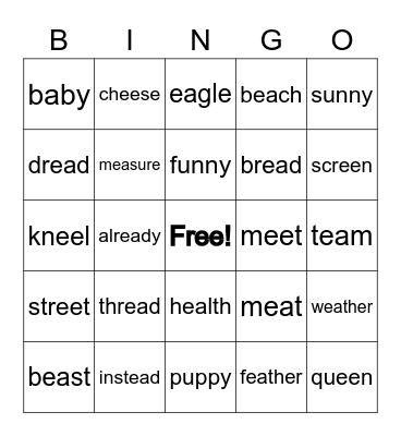 ea/ee/e/y Bingo! Bingo Card