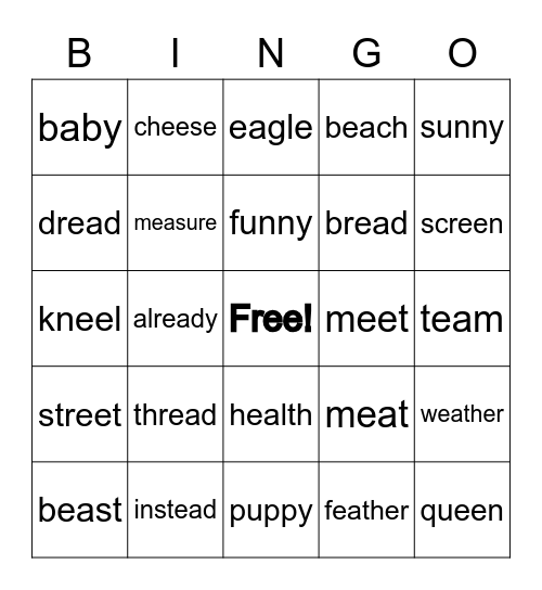 ea/ee/e/y Bingo! Bingo Card