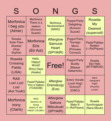 Bandori Songs Bingo Card