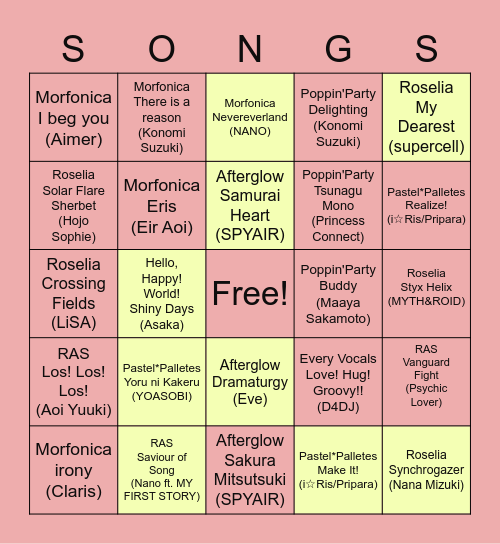 Bandori Songs Bingo Card