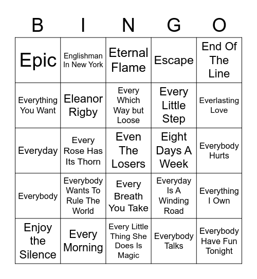 Songs That Start With The Letter "E" Bingo Card