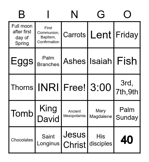 Easter/ Holy Week Bingo Card