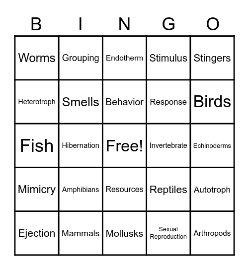 Animals Vocabulary Bingo Card