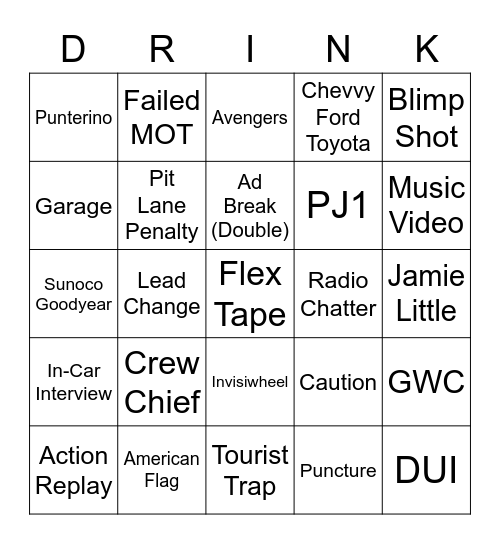 NASCAR Bingo Card